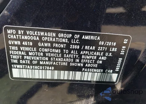 2017 Volkswagen Passat 1.8T Se z USA, uszkodzony, nr VIN 1VWBT7A31HC017849